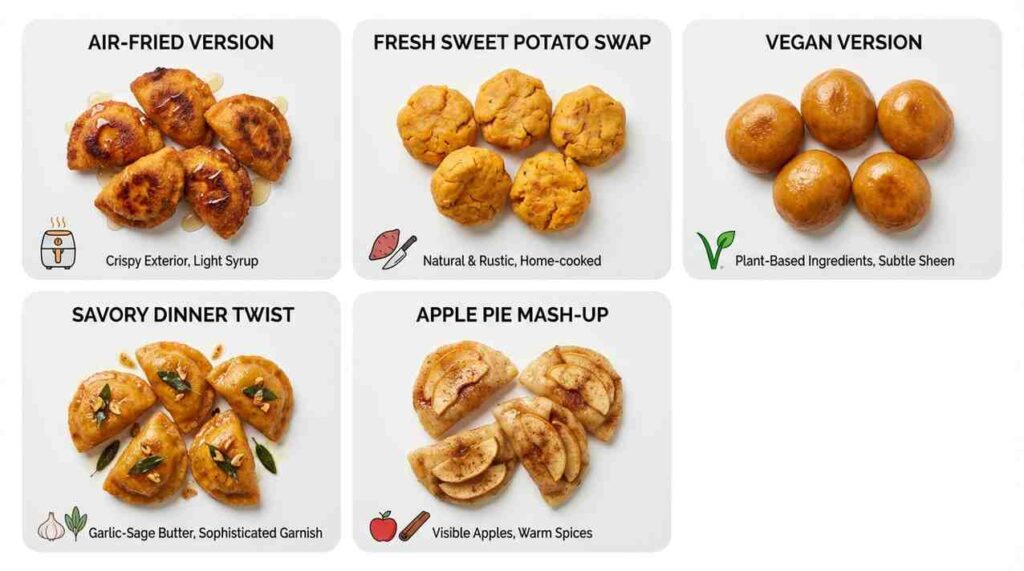 A grid of five  Sweet Potato Dumplings Recipe variations: Air-Fried Version (crispy with light syrup), Fresh Sweet Potato Swap (rustic orange rounds), Vegan Version (shiny plant-based balls), Savory Dinner Twist (garnished with sage and garlic butter), and Apple Pie Mash-Up (dusted with cinnamon and filled with visible apples).