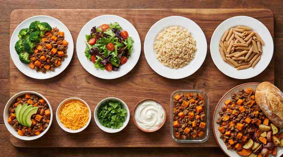 An overhead view of a wooden board displaying various meal prep options featuring Sweet Potato Ground Beef Recipe mixtures, including topped bowls with avocado, cheese, and cilantro, alongside plates of broccoli, salad, brown rice, pasta, and bread.