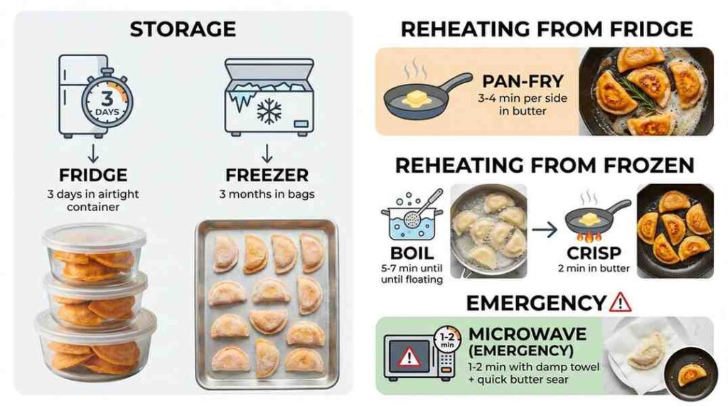 Infographic showing storage (fridge 3 days, freezer 3 months) and reheating methods (pan-fry, boil then crisp, or emergency microwave) for Sweet Potato Pierogi Recipe.
