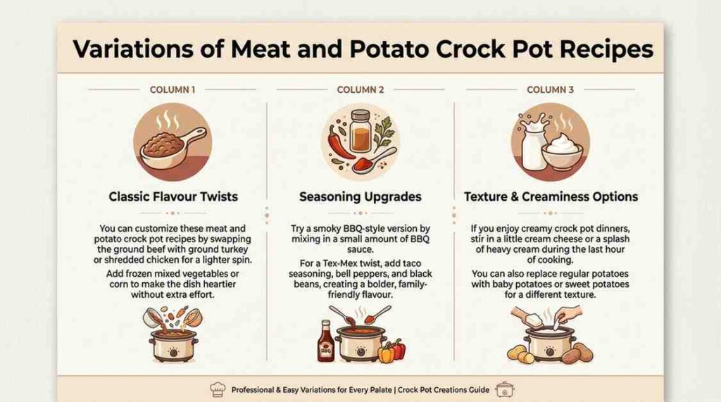 Visual guide showing classic, seasoning, and creamy variations for meat and potato crock pot recipes.