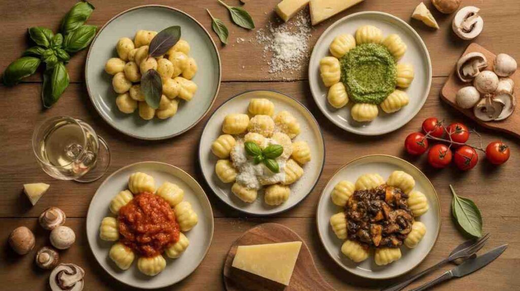 Five plates of ricotta and potato gnocchi recipe 
arranged in a circle, each with a different sauce: pesto, tomato, mushroom ragù, butter, and Parmesan – rustic wooden table.