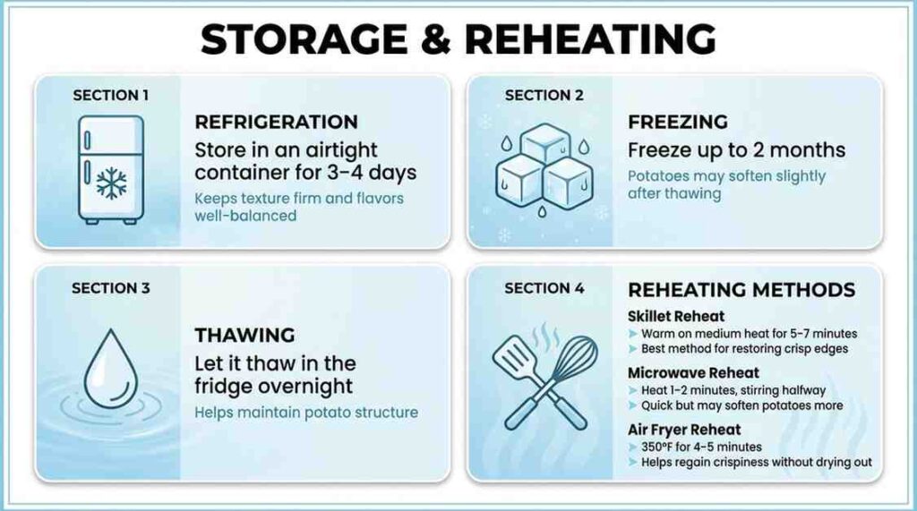 Infographic showing storage and reheating tips for  Smoked Sausage and Potatoes Recipe, including refrigeration, freezing, thawing, and methods like skillet, microwave, and air fryer.
