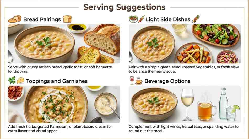 Infographic titled "Serving Suggestions" for creamy bean and potato soup, divided into four sections: Bread Pairings (soup with crusty bread and garlic toast), Light Side Dishes (soup with green salad and roasted vegetables), Toppings and Garnishes (soup with herbs, Parmesan, and cream), and Beverage Options (soup with white wine, tea, and sparkling water).
