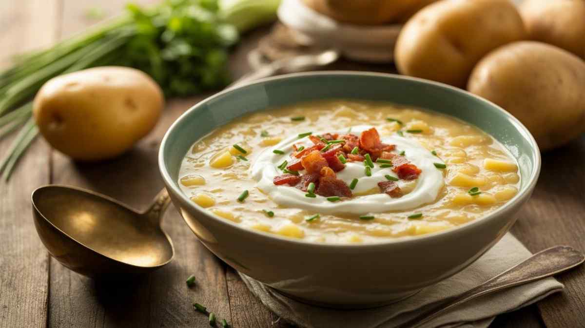 Close-up of creamy potato soup in a teal bowl, topped with sour cream swirl, crispy bacon bits, chopped chives, and green onions, with fresh chives, whole potatoes, and a gold spoon on a wooden surface. canned potato soup recipe.