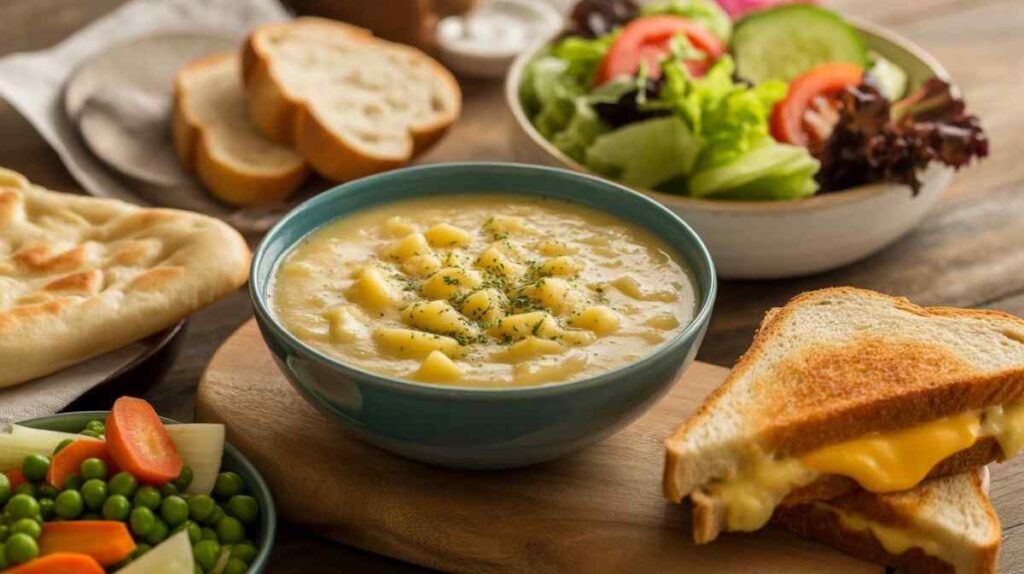 Bowl of hearty canned potato soup with potato chunks and herbs, surrounded by warm naan bread, a fresh green salad with tomatoes and cucumber, steamed peas and carrots, and a golden grilled cheese sandwich on a rustic wooden table. canned potato soup recipe. 
