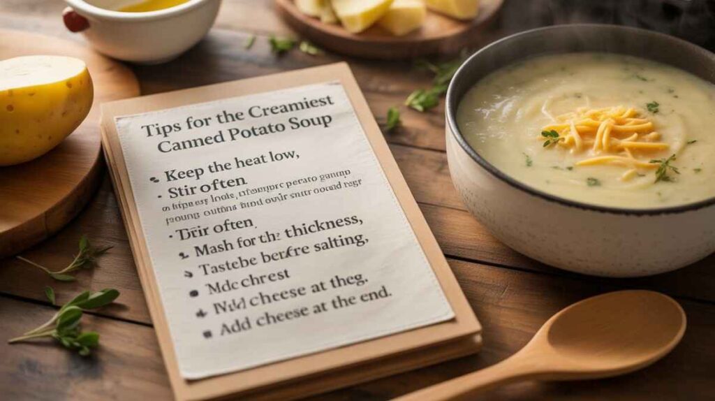 Steaming bowl of creamy canned potato soup topped with shredded cheddar and fresh herbs, next to a wooden board with handwritten tips for the creamiest soup and half a yellow potato. canned potato soup recipe.
