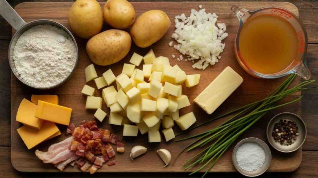 Flat-lay view of fresh ingredients for chili potato soup on a wooden cutting board: diced russet potatoes, cubed butter, chopped onion, flour, chicken broth, shredded cheddar cheese, crispy bacon bits, garlic cloves, chives, salt, and pepper. chili potato soup recipe.
