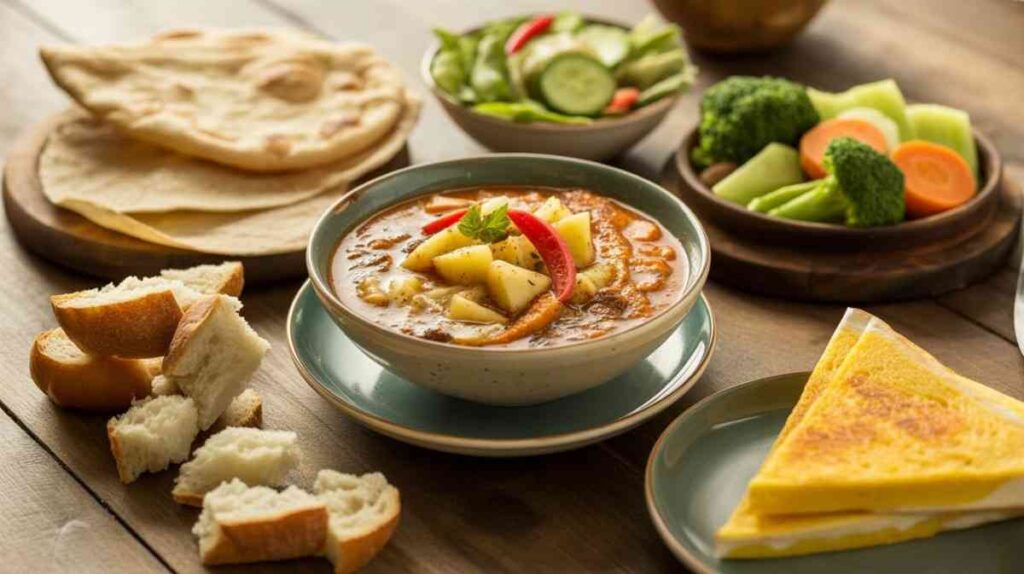 Bowl of hearty chili potato soup with potato chunks in a spicy tomato base, garnished with fresh cilantro and red chili slices, surrounded by warm naan bread, a fresh cucumber salad, steamed broccoli and carrots, and a golden grilled cheese sandwich on a wooden table. chili potato soup recipe.
