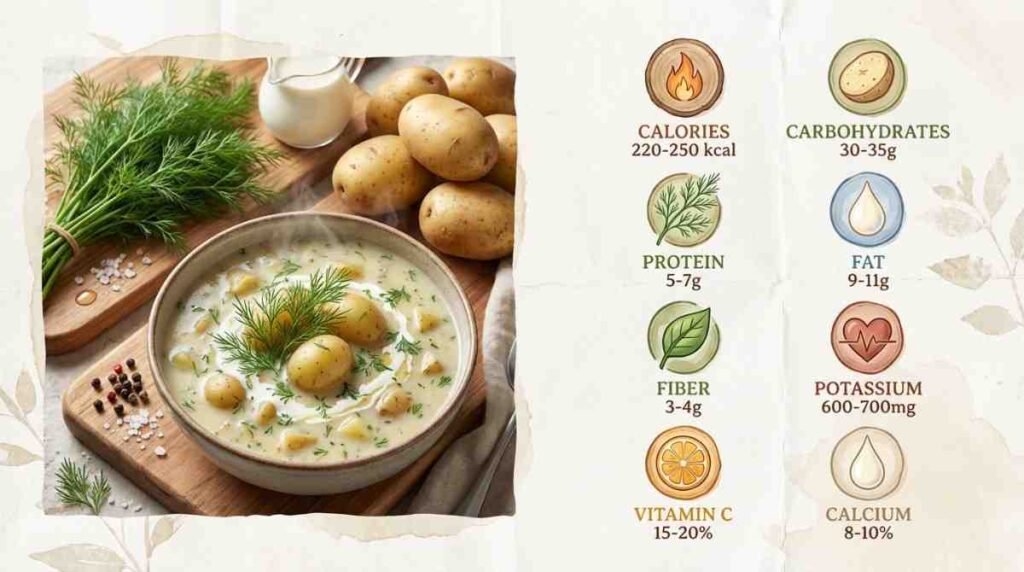 Nutritional info panel for creamy potato dill soup, showing 220-250 kcal, carbs, protein, and vitamins. Dill Potato Soup Recipe. 
