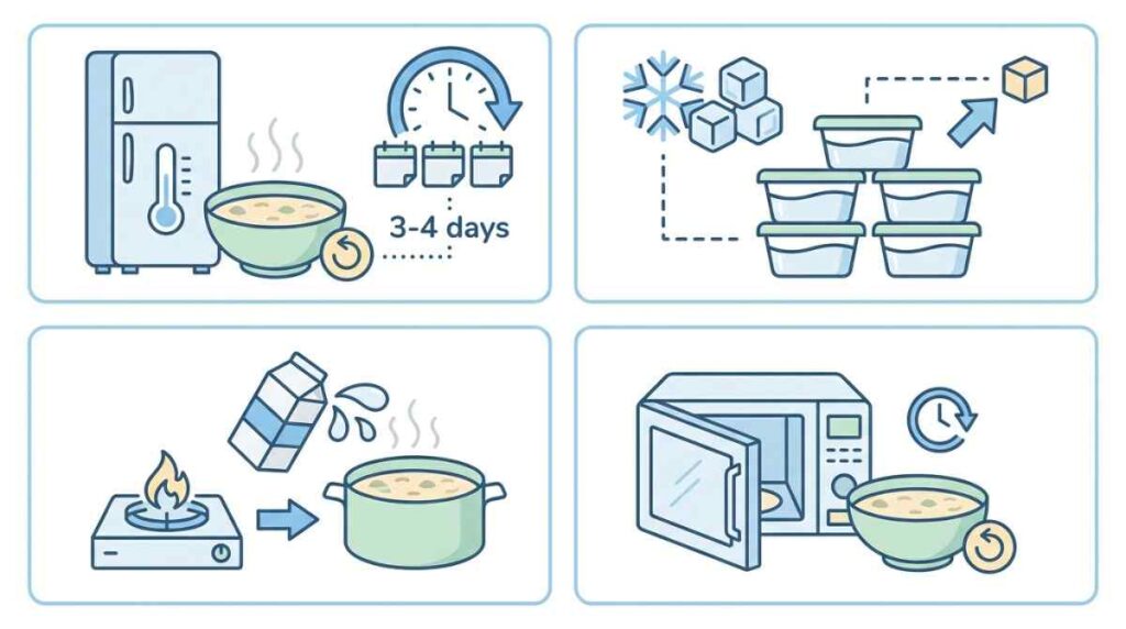 Icons depicting fridge storage (3-4 days), stovetop reheating, and microwave thawing for soup portions. Dill Potato Soup Recipe.
