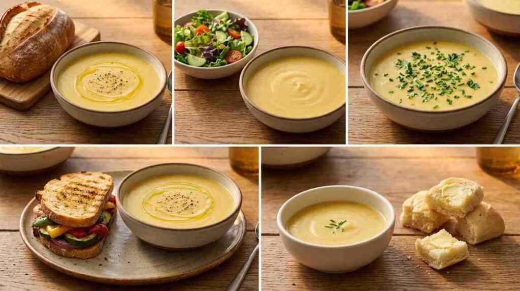Collage of creamy yellow soup presentations: multiple bowls with olive oil swirls and black pepper, one with fresh herbs, paired with crusty bread, a colorful salad, a grilled vegetable sandwich, and small biscuits on the side.  Potato Soup Recipe No Milk.