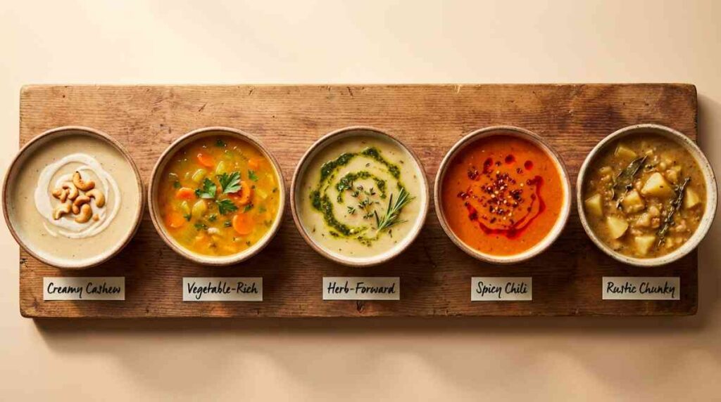 Five bowls of different vegan soups lined up on a rustic wooden board, labeled from left to right: Creamy Cashew (pale with cashews and swirl), Vegetable-Rich (chunky with carrots and herbs), Herb-Forward (light green with herb swirl), Spicy Chili (bright red-orange with chili flakes), Rustic Chunky (hearty with potatoes and bay leaves).Five bowls of different vegan soups lined up on a rustic wooden board, labeled from left to right: Creamy Cashew (pale with cashews and swirl), Vegetable-Rich (chunky with carrots and herbs), Herb-Forward (light green with herb swirl), Spicy Chili (bright red-orange with chili flakes), Rustic Chunky (hearty with potatoes and bay leaves). Potato Soup Recipe No Milk.