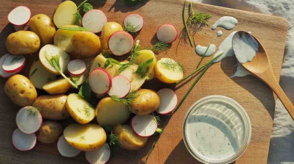 Step-by-step preparation of potato and radish salad showing boiled potatoes, sliced radishes, fresh dill, chives, and creamy dressing arranged on a wooden cutting board. potato and radish recipe.
