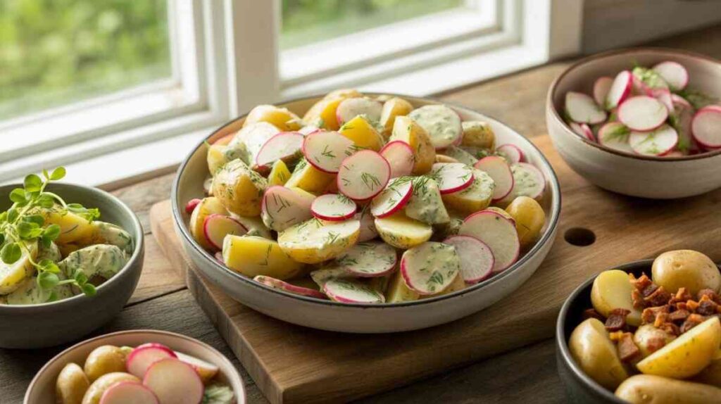 Fresh potato and radish salad recipe prepared with boiled potatoes, thinly sliced red radishes, chopped dill, and light creamy dressing, presented in a wooden bowl with ingredients beside it.
