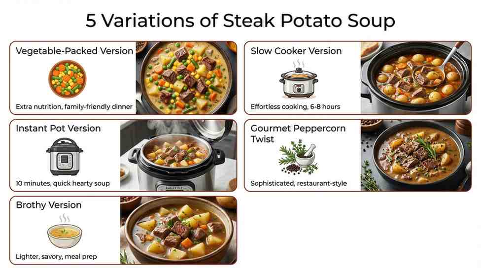 Infographic titled "5 Variations of Steak Potato Soup" showing five different versions: Vegetable-Packed (hearty soup loaded with colorful carrots, peas, corn, potatoes, and steak chunks); Slow Cooker (icon and photo of tender meat and potatoes after 6-8 hours); Instant Pot (quick 10-minute pressure cooker version); Gourmet Peppercorn Twist (elegant bowl with fresh herbs and peppercorns); and Brothy Version (lighter, clearer broth with steak and potatoes). Each variation includes a small photo and brief description. Steak Potato Soup Recipe. 