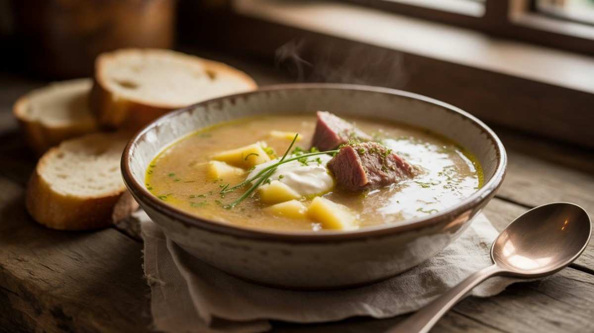 Steaming bowl of creamy Black Angus potato soup with chunks of potato, topped with sour cream and herbs, served beside slices of crusty bread on a wooden surface. Black Angus Potato Soup Recipe.