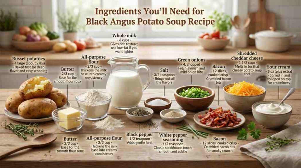 Fresh ingredients for Black Angus potato soup recipe arranged on a rustic wooden table: russet potatoes, butter, flour, whole milk, bacon, cheddar cheese, sour cream, green onions, salt, black pepper, and white pepper seasoning