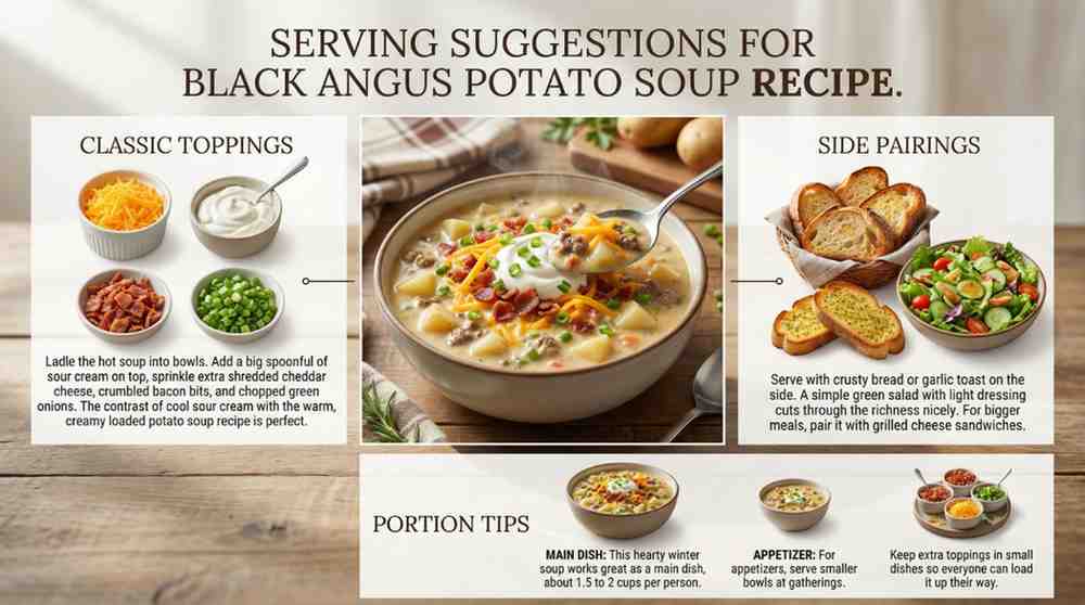 Serving ideas for Black Angus potato soup Recipe: classic toppings like shredded cheddar, bacon bits, green onions, and sour cream; side pairings with garlic toast and salad; portion tips shown in cozy bowls.