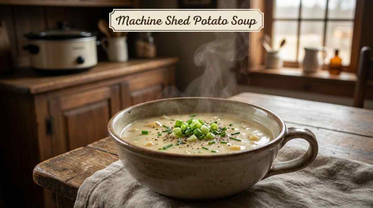 Steaming bowl of creamy Machine Shed potato soup topped with green onions and black pepper in a rustic pottery mug. Machine Shed Potato Soup recipe.