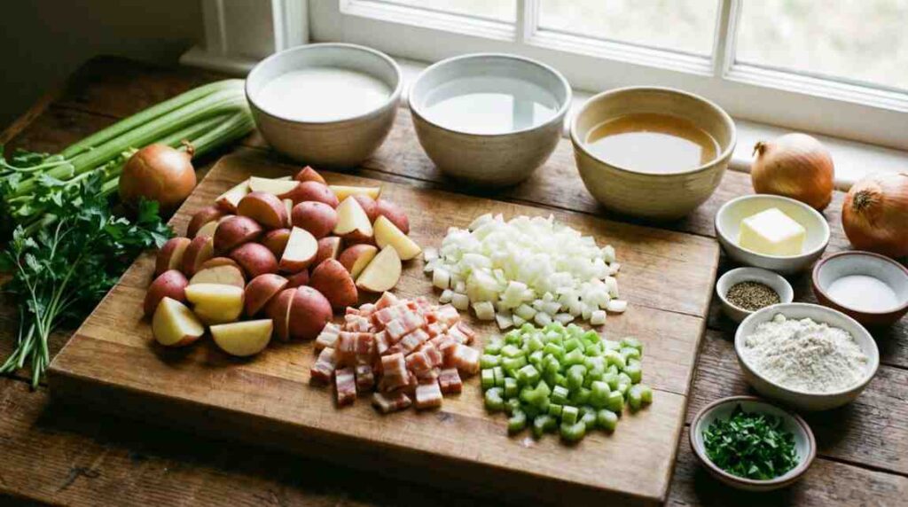 Fresh ingredients for Machine Shed potato soup recipe: quartered red potatoes, diced bacon, celery, onion, butter, flour, milk, and broth on wooden counter