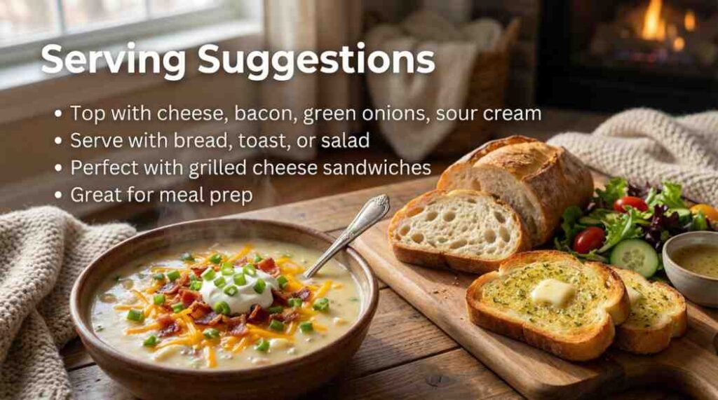 Loaded Machine Shed potato soup in a brown bowl with cheddar cheese, bacon bits, sour cream, and garlic toast on wooden board. Machine Shed Potato Soup recipe.