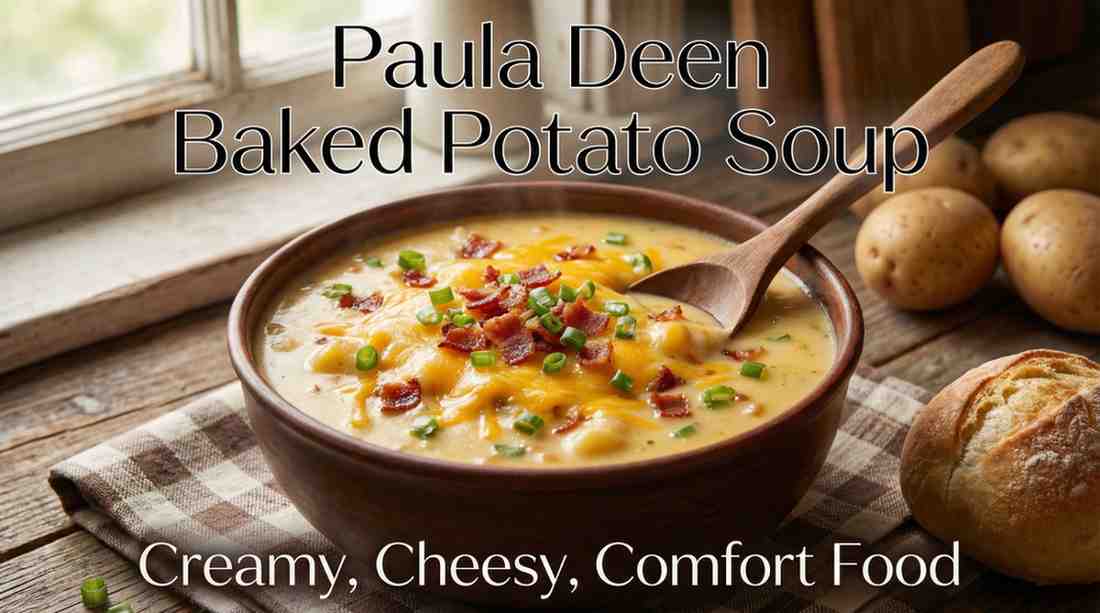 Close-up of steaming Paula Deen baked potato soup in a rustic brown bowl, topped generously with melted cheddar cheese, crumbled bacon, chopped green onions, and a wooden spoon resting inside; cozy kitchen background with potatoes and bread nearby; creamy, cheesy comfort food look.