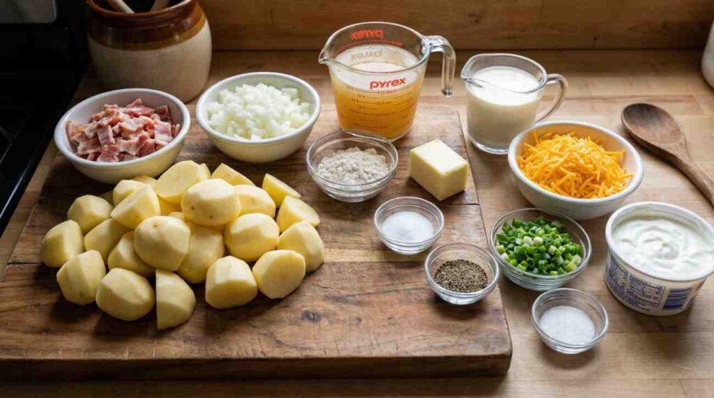 Flat lay of ingredients for Paula Deen baked potato soup recipe on a wooden cutting board: quartered yellow potatoes, chopped bacon, diced onion, butter stick, flour, shredded cheddar cheese, heavy cream, sour cream, chicken broth in a measuring cup, salt, pepper, and chopped green onions in small bowls; kitchen prep setup ready for cooking. Paula Deen Baked Potato Soup Recipe.