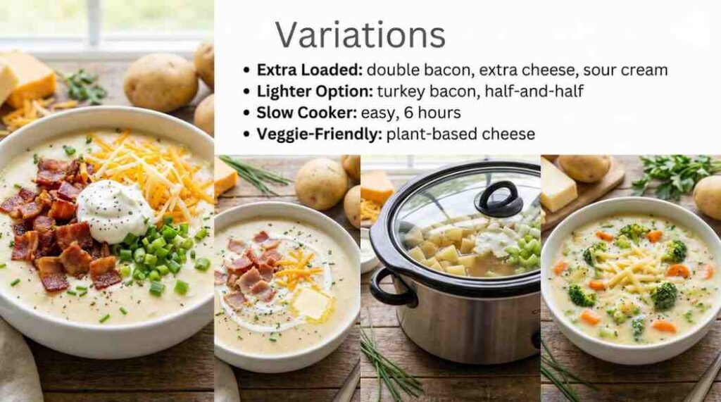 Bowl of creamy Paula Deen baked potato soup recipe variations: one loaded with crispy bacon bits, shredded cheddar cheese, sour cream dollop, and chopped green onions; another in a slow cooker with lid on; a lighter veggie version with broccoli, carrots, and cheese; surrounded by fresh potatoes and cheese blocks on a wooden table. Paula Deen Baked Potato Soup Recipe.