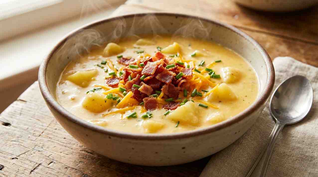 Steaming bowl of creamy potato cheese soup recipe Velveeta topped with crumbled bacon, shredded cheddar, and fresh chives. Potato Cheese Soup Recipe Velveeta.
