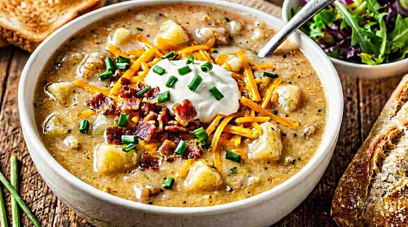 Loaded cheesy potato soup with Velveeta, bacon bits, sour cream dollop, shredded cheddar, green onions, and crusty bread on the side. Potato Cheese Soup Recipe Velveeta. 