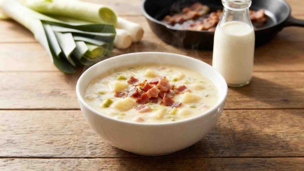 Steaming bowl of homemade potato leek and bacon soup with diced potatoes, crispy bacon, and chopped leeks in creamy broth, next to fresh leeks and a pan of bacon. potato leek and bacon soup recipe.
