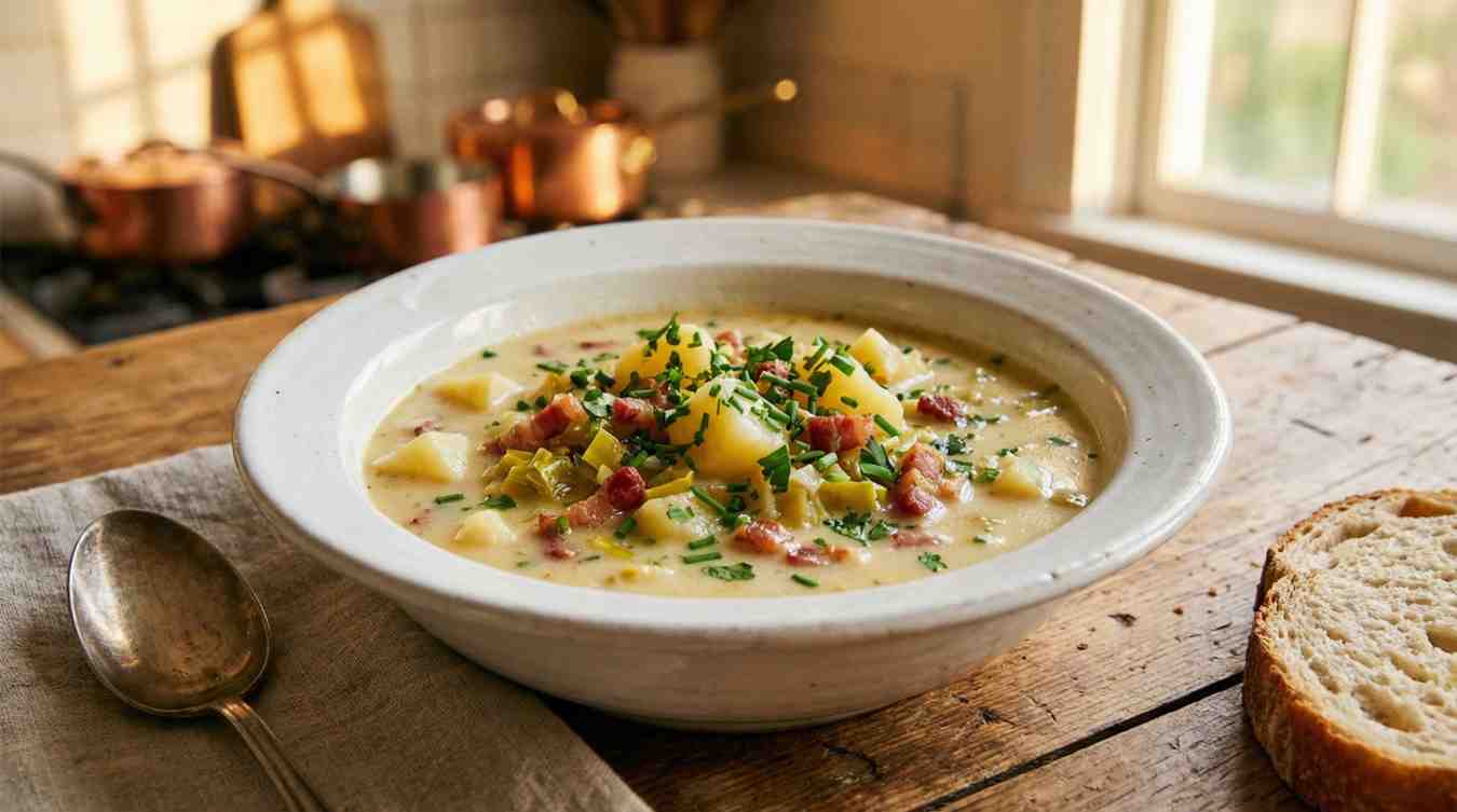 Creamy potato leek and bacon soup in a white ceramic bowl, topped with crispy bacon bits and fresh chives, served with crusty bread on a cozy kitchen table. potato leek and bacon soup recipe.
